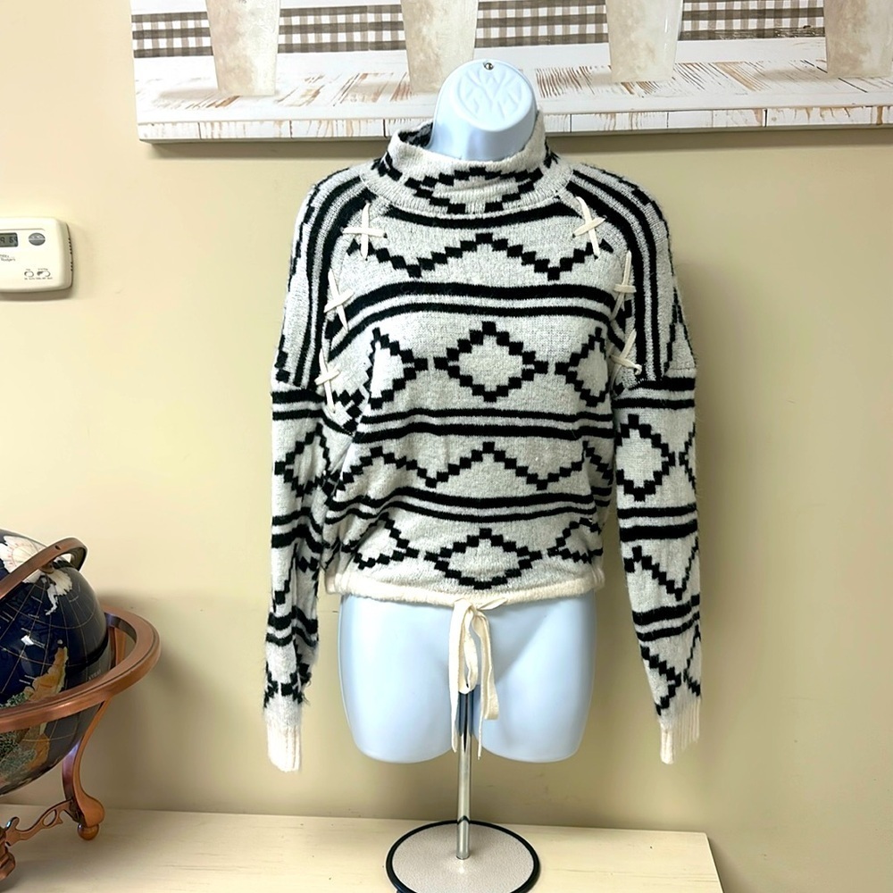 No Boundaries Ivory And Black Turtleneck Fleece Sweater